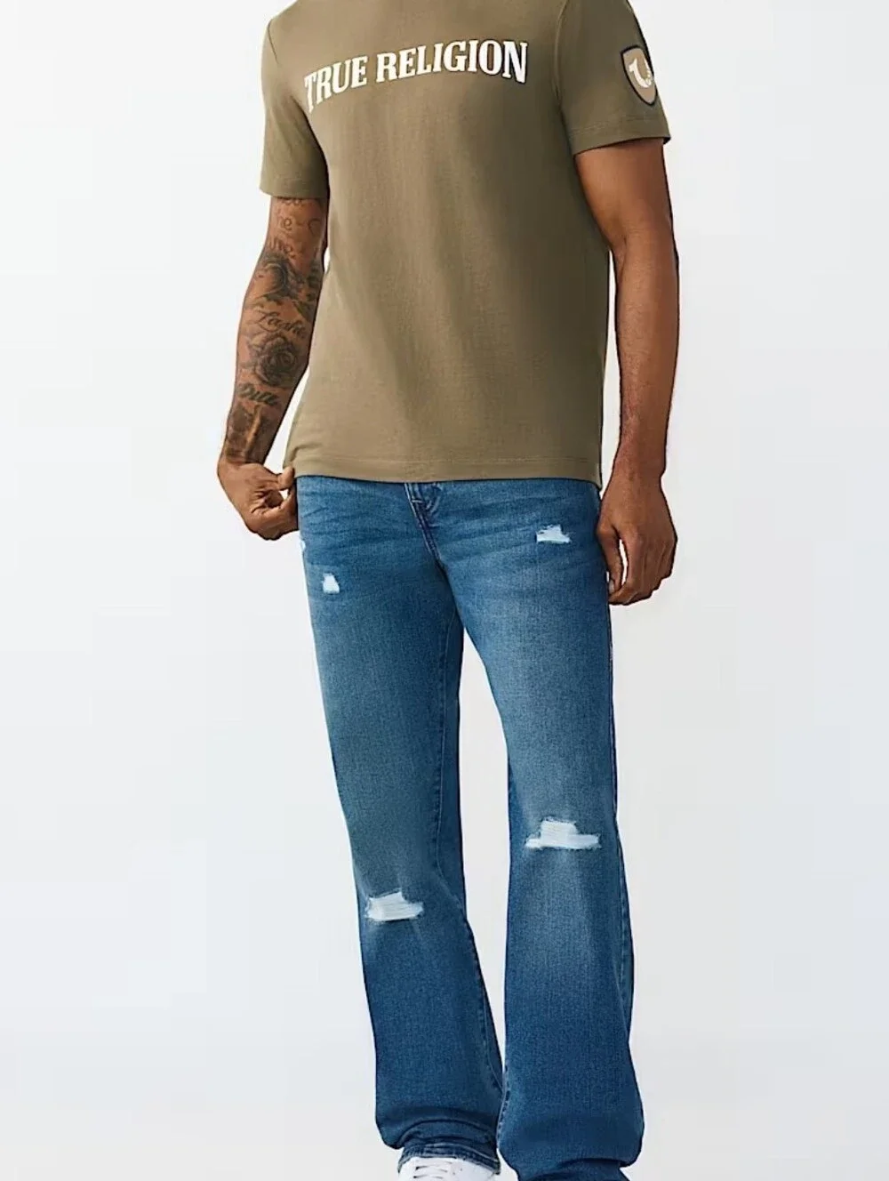 True Religion Ricky RIP Repair Straight Jeans- Medium Blue Comet Wash